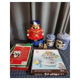 F1 Nutcracker boxes, (2) Cookie Jars, Christmas ta