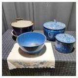 P3 5pc Enamelware pots / bowls 8-12" dia Blue enam