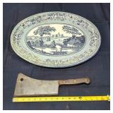 2Pc Meat cleaver Metal platter Vintage