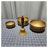 L5 4pc Brass bell, (3) Brass Bowls, 5-7"