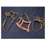 T4 3Pc Horse tack Halters 2 Leather and one nylon