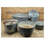 YD 6pc Galvenized Buckets & pails wash basin