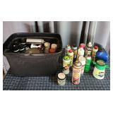 T5 tote full Garage fluids; WD40, carb cleaner,