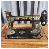 T3 White Sewing Machine Treadle w/ sewing notions