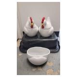 B Roaster Pan with 2 Stoneware Chicken Cooki with
