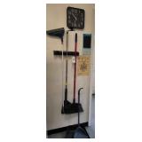 A 8pc Broom and Floor Cleaner L Trash Can, Clock