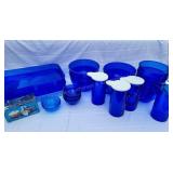 Q-1  Blue Plastic Serving Set Trays, Bowls, Pitche