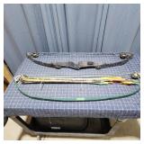 Archery lot featuring two compound bows and a bund
