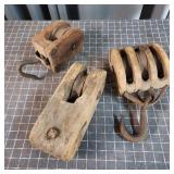 T2 - Three Wood Pulleys with Metal Hardw Set of 3