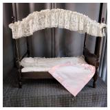 H1 - Wooden Doll Canopy Bed with Bedding Miniature