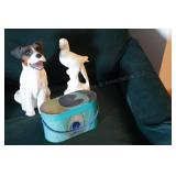 Peacock box, happy dog, and parrot