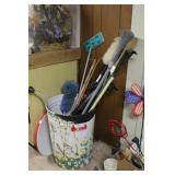Garden bucket, brooms, rakes & hose wand lot