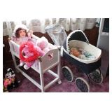2 Baby Dolls, wicker carriage, crib, etc.
