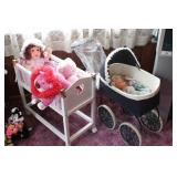 2 Baby Dolls, wicker carriage, crib, etc.