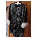 Ladies Black Leather Coat w/Fur Cuffs size 14