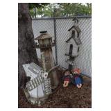 Wood windmill, lighthouse, mailbox, yard art