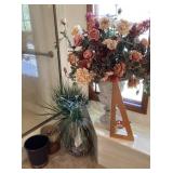 Home decor floral arrangements, waste cans