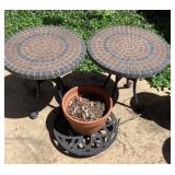 2 small outdoor patio tables and plant trolley