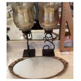 Pair of hurricane candle holders plus vanity tray