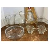 Clear glass pitchers, cream & sugar, bowl