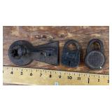 2 vintage locks and cast metal door knocker