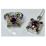Sterling silver multi-gemstone ring and necklace