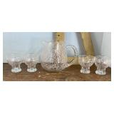 Pink string glass pitcher and 5 glasses