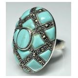large sterling silver turquoise marcasite ring