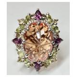 Sterling silver carved quartz multi-gemstone ring