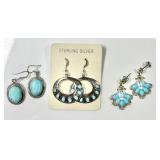 3 pair sterling silver turquoise earrings