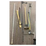 Lot of miscellaneous tools, new axe handle, etc.
