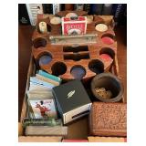 Flat with playing cards, poker chip rack, dice