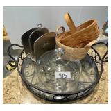 Metal & glass tray, 2 Longaberger, cheese dome,