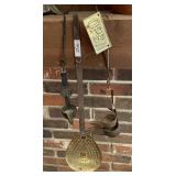 Primitive fireplace tool w/strainer & open sign