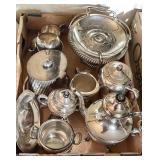 Large flat of silverplate w/biscuit jar, tidbit,