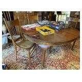 52" walnut dining table, 3 chairs, 4 10" leaves