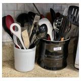 2 stoneware kitchen gadget crocks & contents