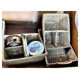 3 woven seagrass silverware baskets & coasters