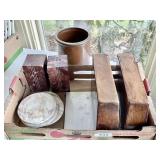 Flat with 2 pair bookends, small crock,