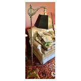 Antique brass bridge lamp with black shade