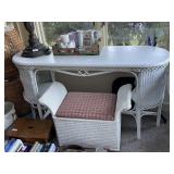 White wicker vanity table and storage bench