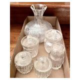 Flat of crystal jam jars, cruet, decanter