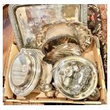 Large flat of silverplate w/tray, covered dishes,