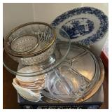 Flat w/salad bowls, seashells, flow blue dish