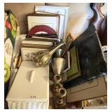 Large flat w/heavy brass vases & candlesticks,
