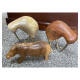 2 carved wood kiwis and hippo