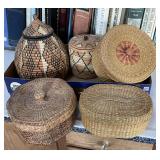 5 lidded hand woven baskets