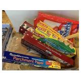 Box of bags, wrap, parchment, back scratcher