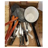 Flat with steak knives, enamelware utensils