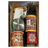 Large box with dish towels, vintage canning jar,